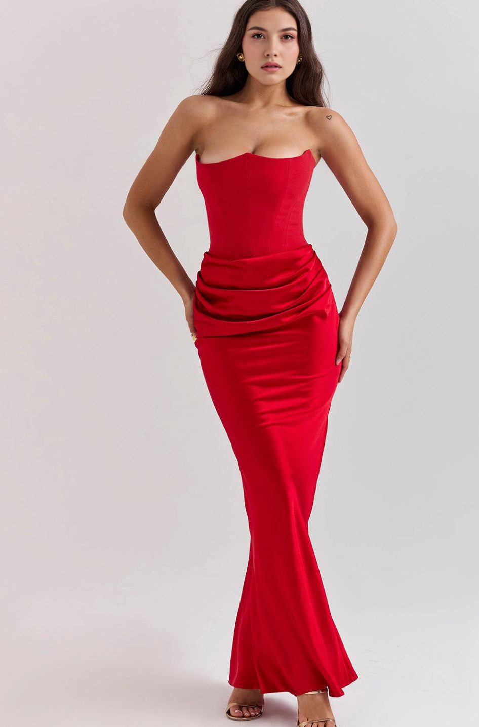 Women's Strapless Draped Satin Maxi Gown