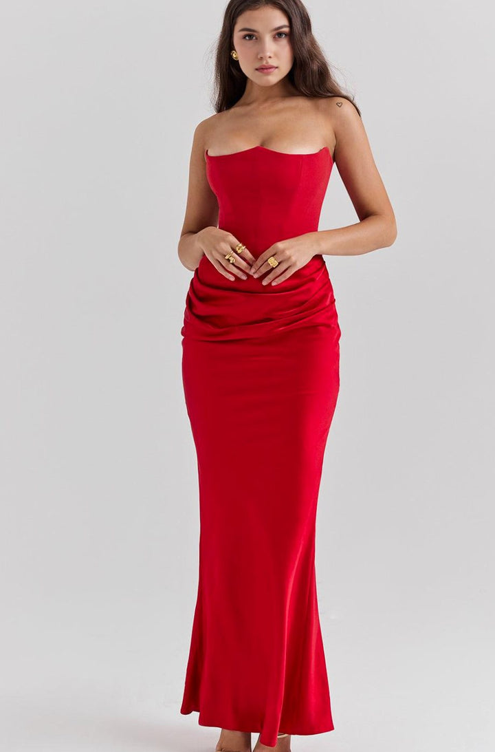 Women's Strapless Draped Satin Maxi Gown