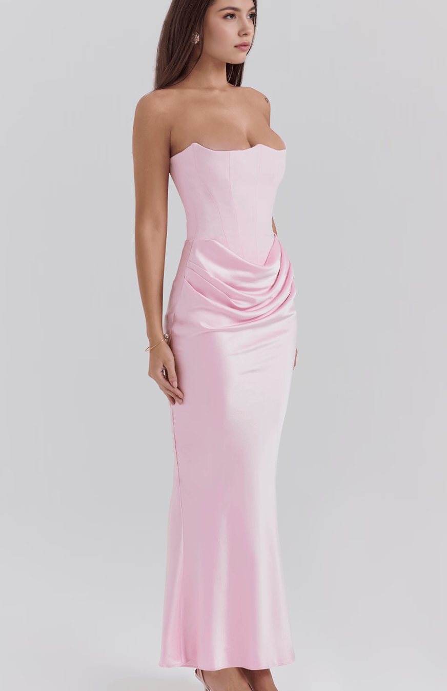 Women's Strapless Draped Satin Maxi Gown