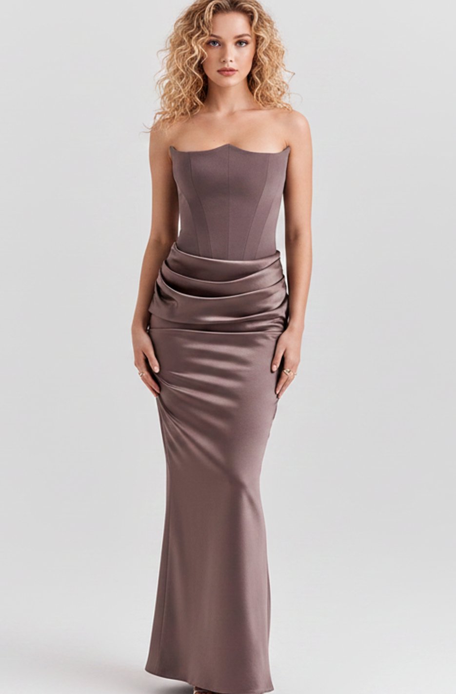 Women's Strapless Draped Satin Maxi Gown - Gray