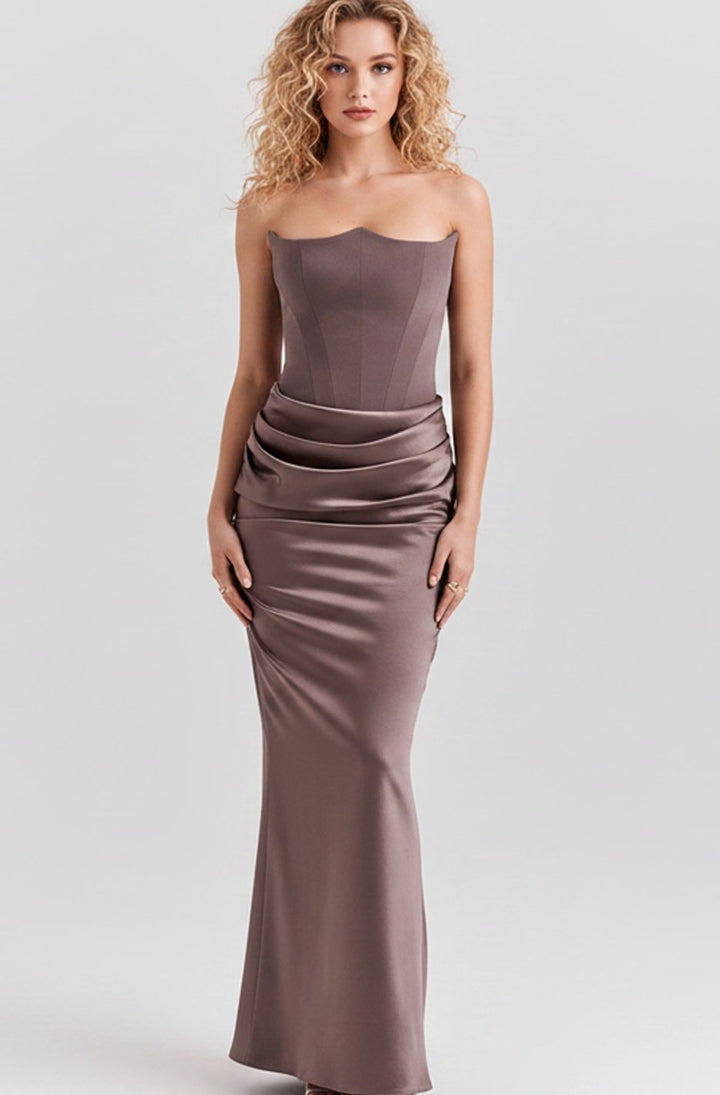 Women's Strapless Draped Satin Maxi Gown - Gray