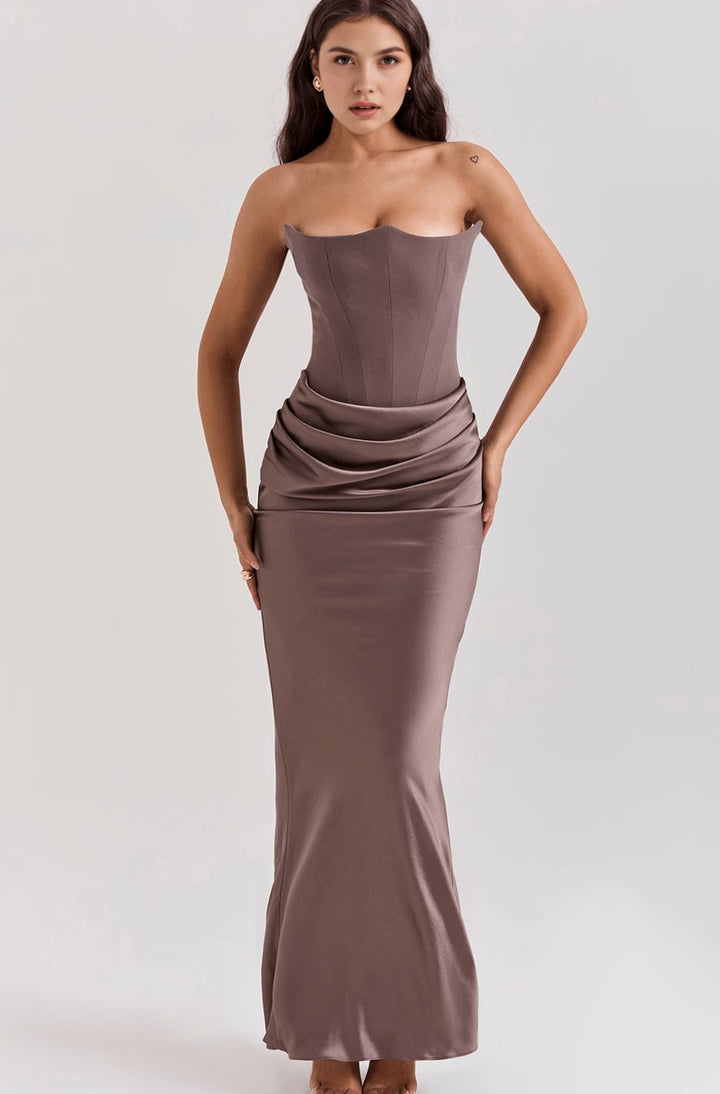 Women's Strapless Draped Satin Maxi Gown