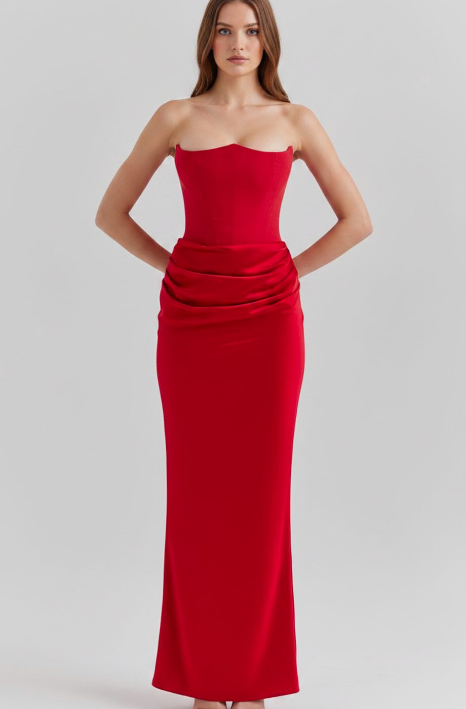 Women's Strapless Draped Satin Maxi Gown - Red