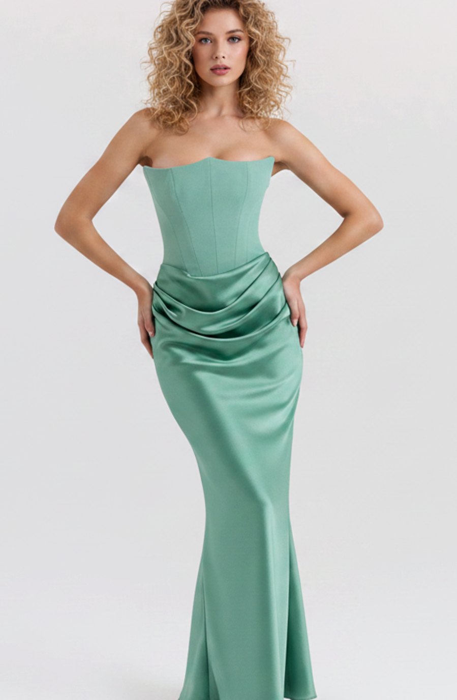 Women's Strapless Draped Satin Maxi Gown