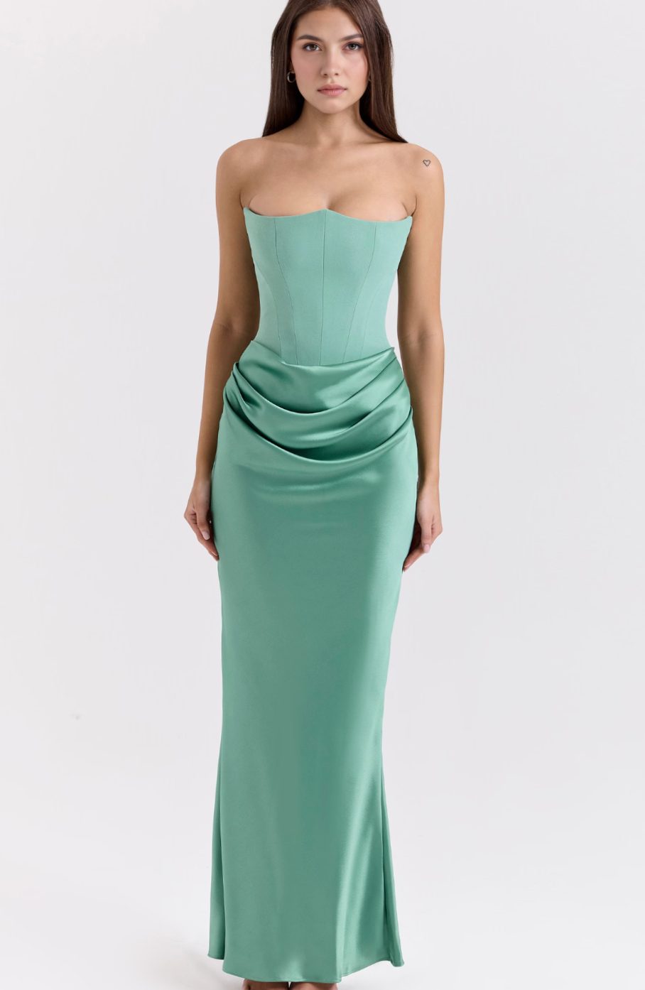 Women's Strapless Draped Satin Maxi Gown - Emerald Green
