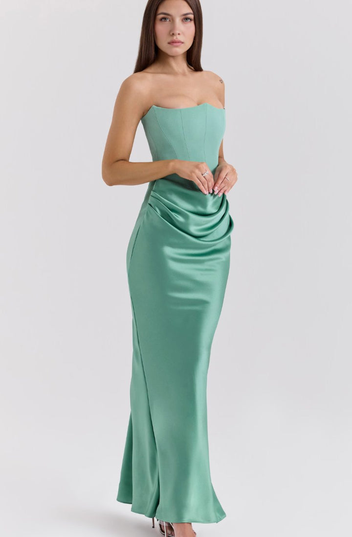 Women's Strapless Draped Satin Maxi Gown