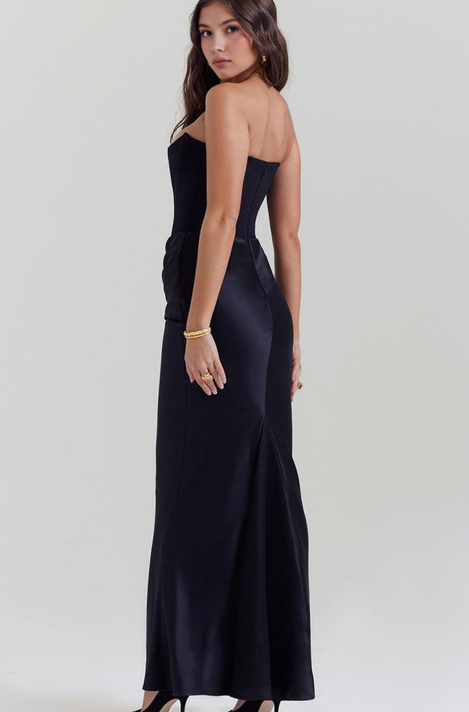 Women's Strapless Draped Satin Maxi Gown