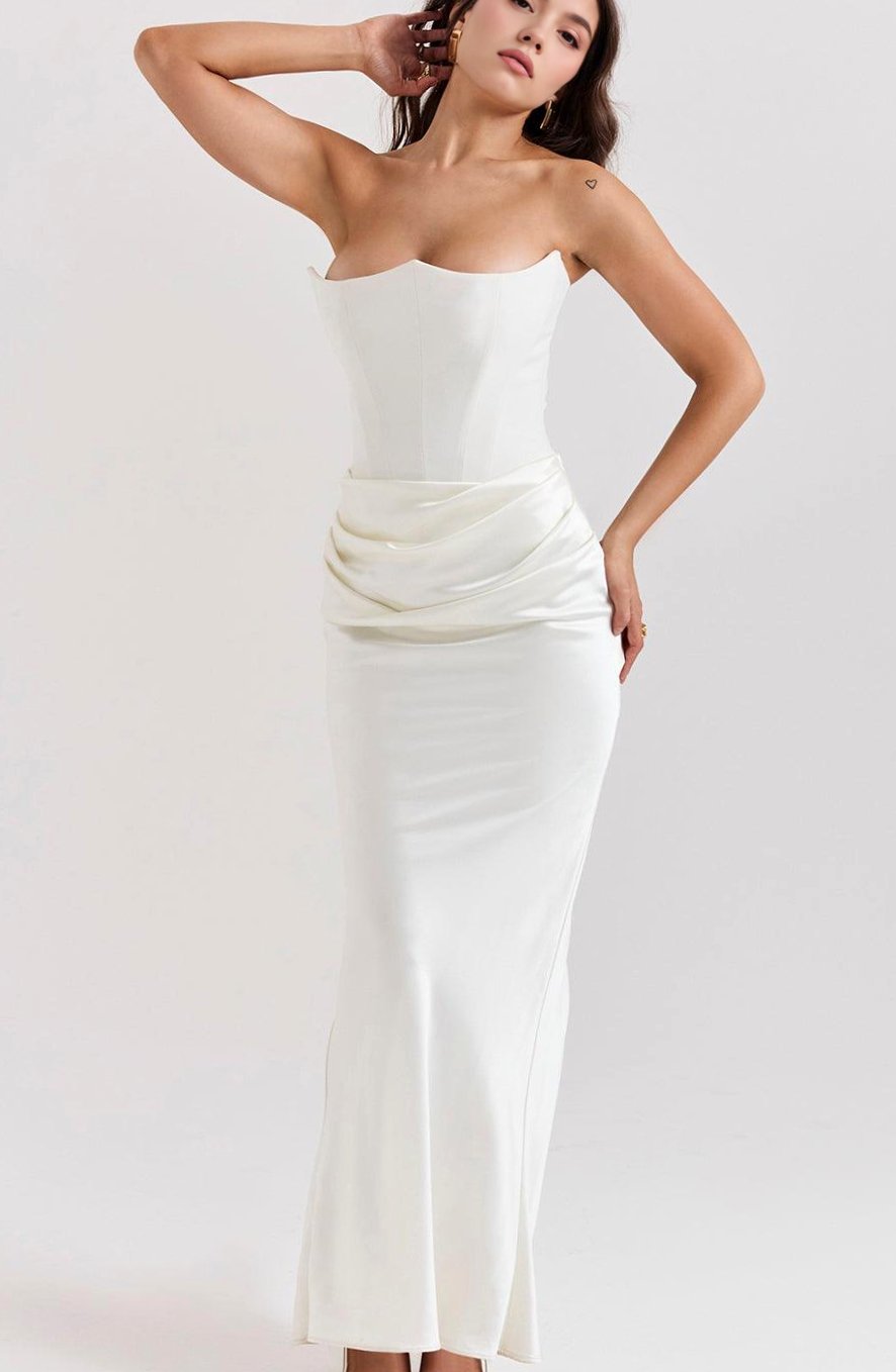 Women's Strapless Draped Satin Maxi Gown