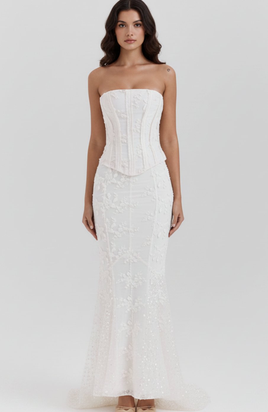 Women's Strapless Floral Embroidered Corset Bloom Gown