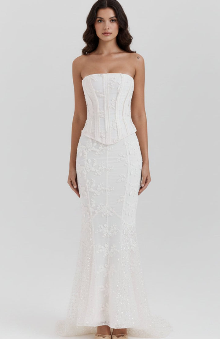 Women's Strapless Floral Embroidered Corset Bloom Gown