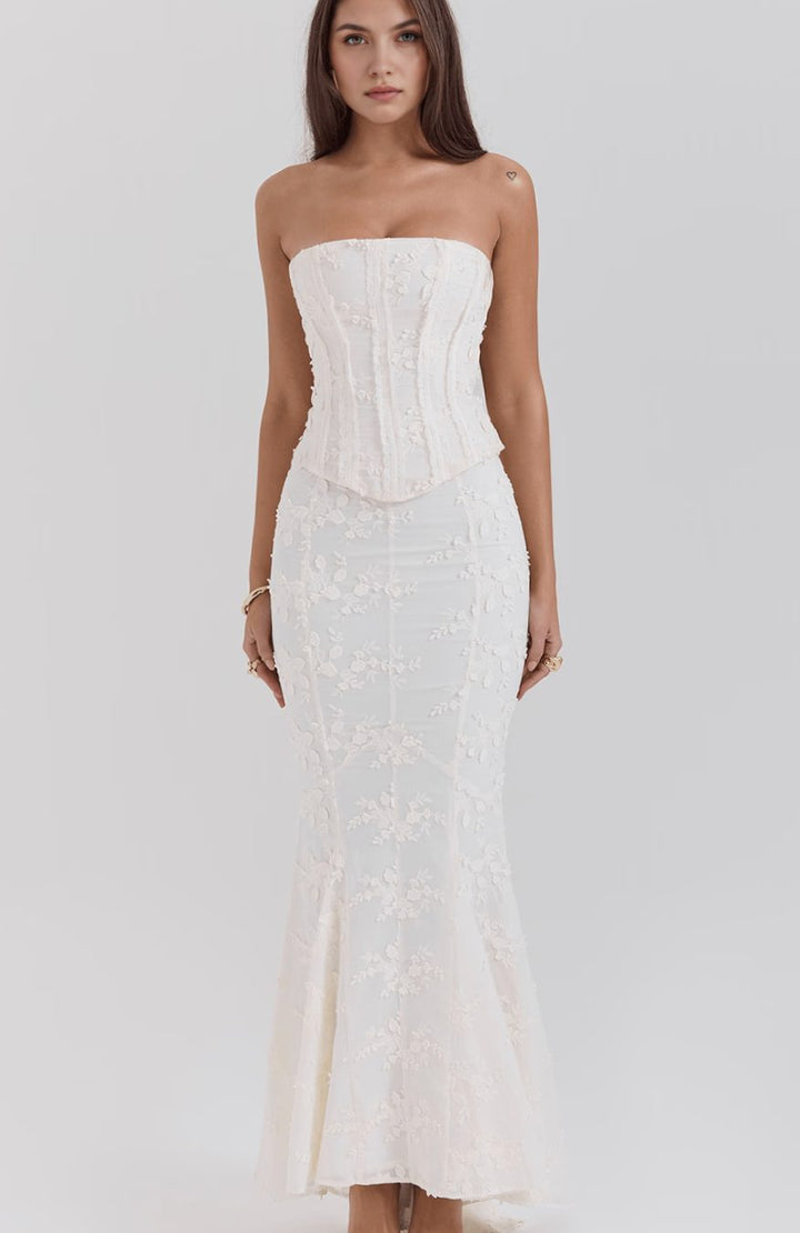 Women's Strapless Floral Embroidered Corset Bloom Gown - White