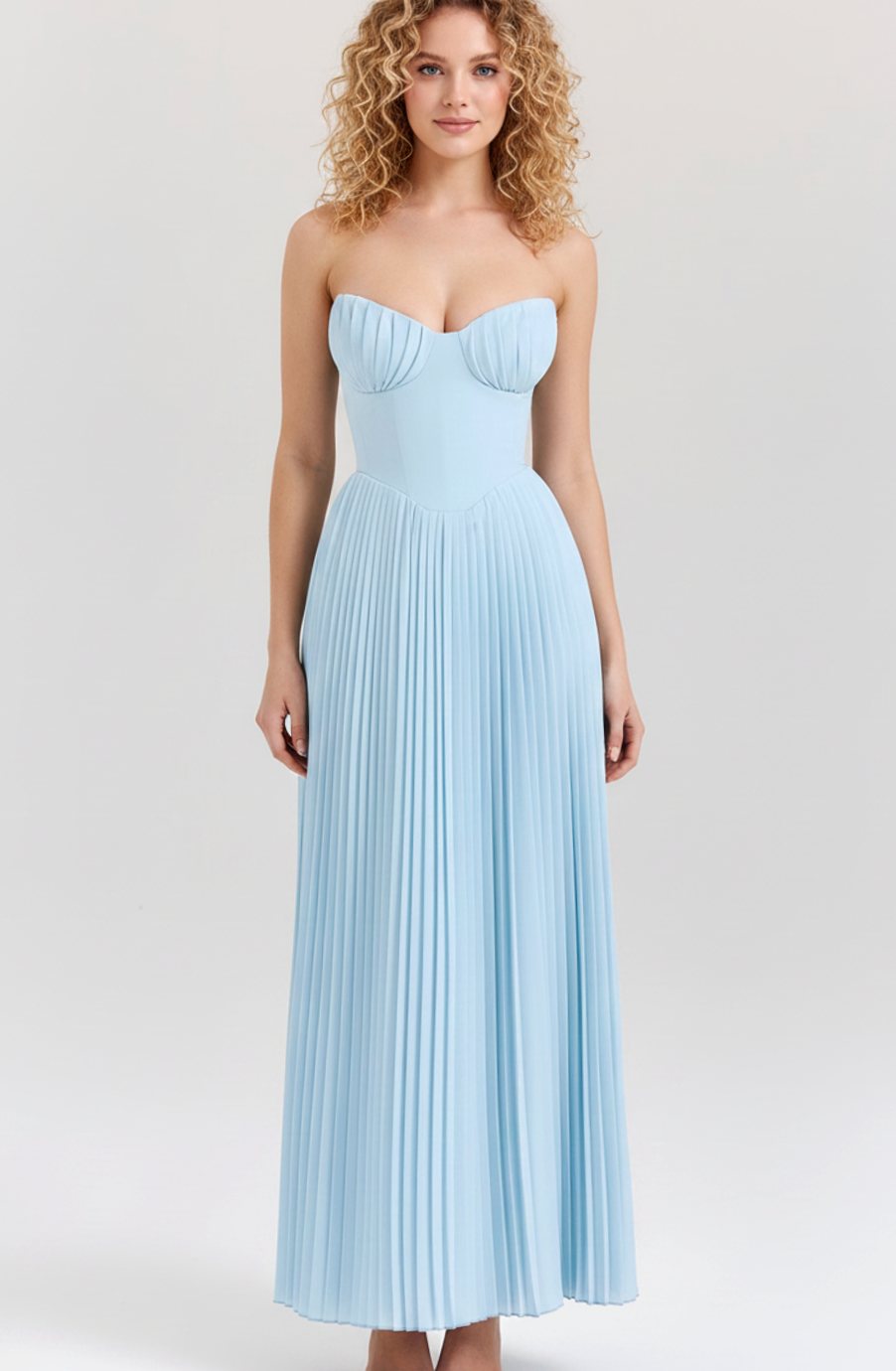 Women's Strapless Pleated-Skirt Structured Bodice Midi Dress - Blue