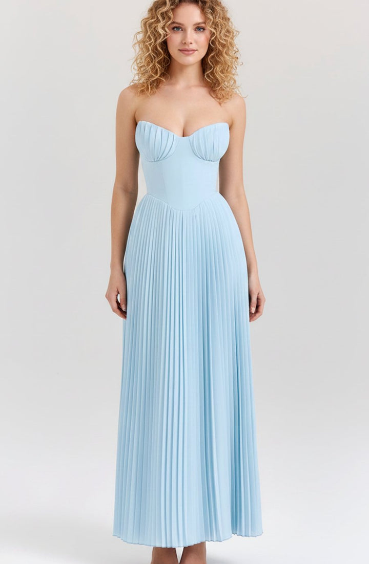Women's Strapless Pleated-Skirt Structured Bodice Midi Dress - Blue