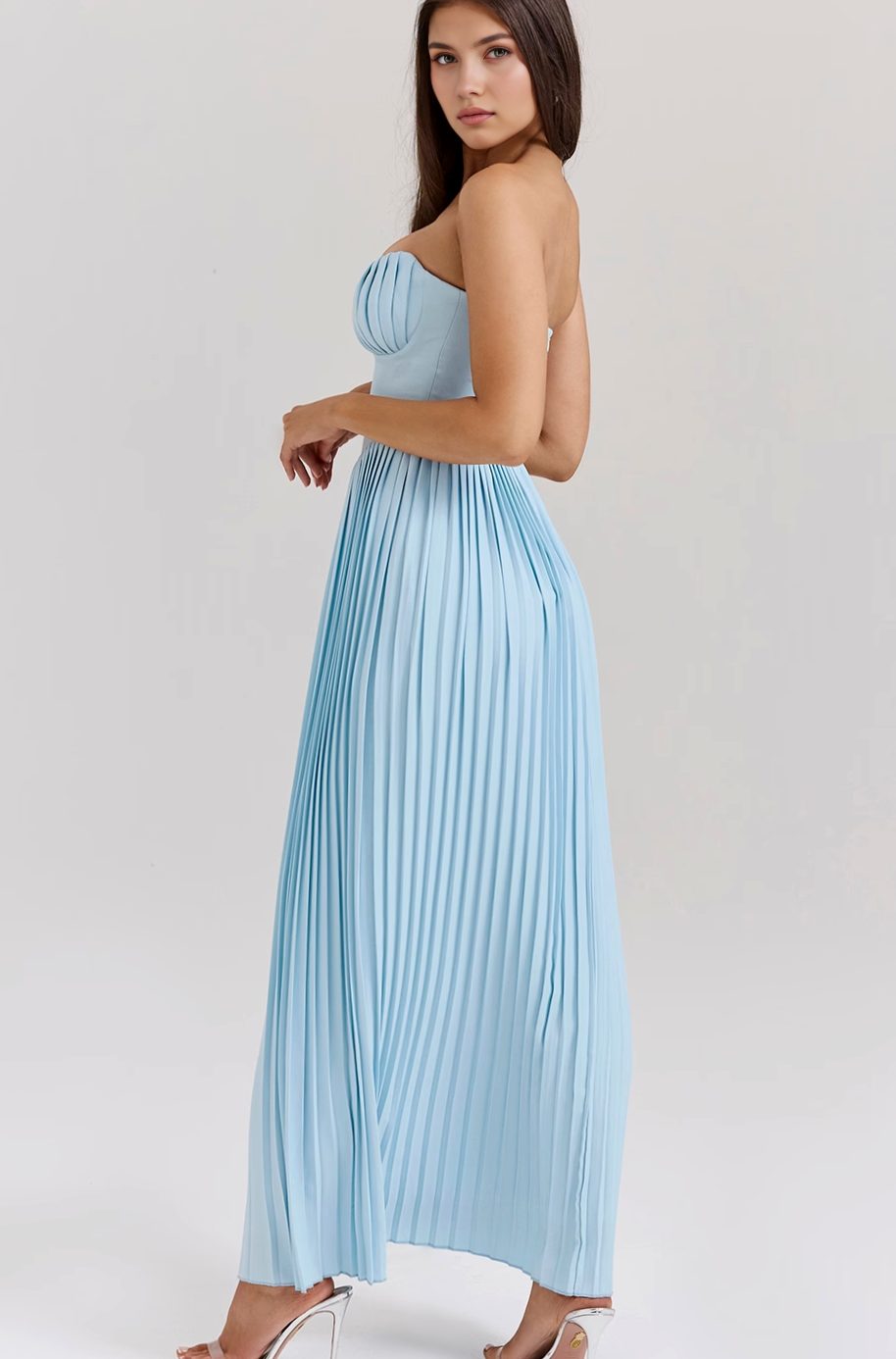 Women's Strapless Pleated-Skirt Structured Bodice Midi Dress