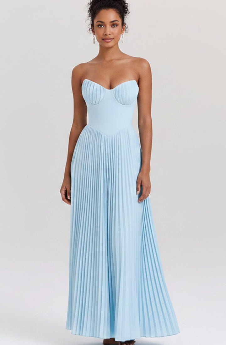 Women's Strapless Pleated-Skirt Structured Bodice Midi Dress