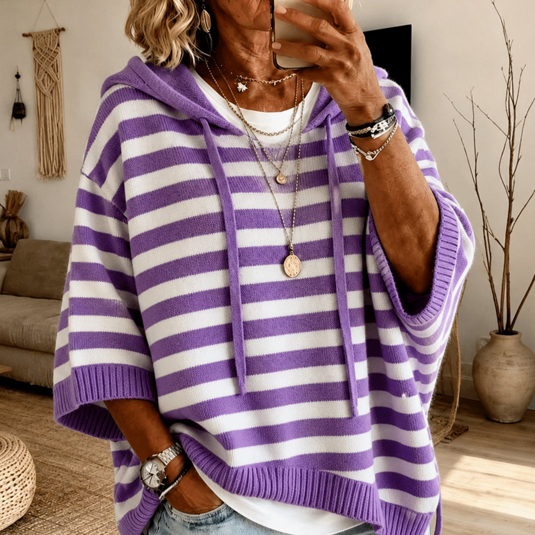 Women's Striped Hooded Poncho Knit Sweater Oversized Fit, Purple