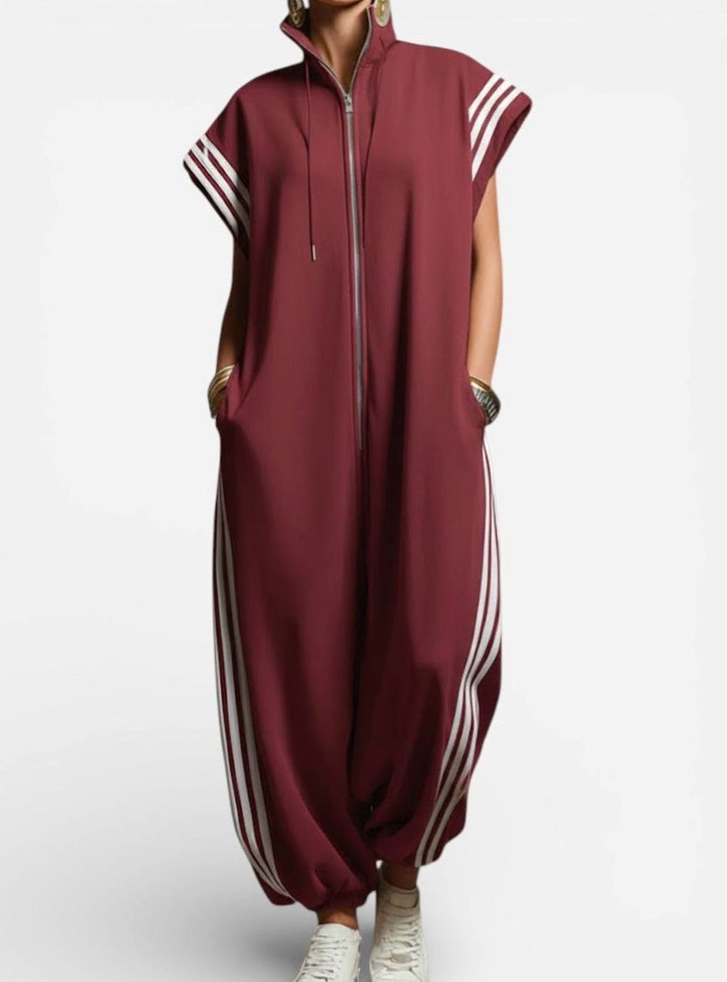 Women's Striped-Trim Zip-Neck Relaxed Maxi Jumpsuit - Burgundy