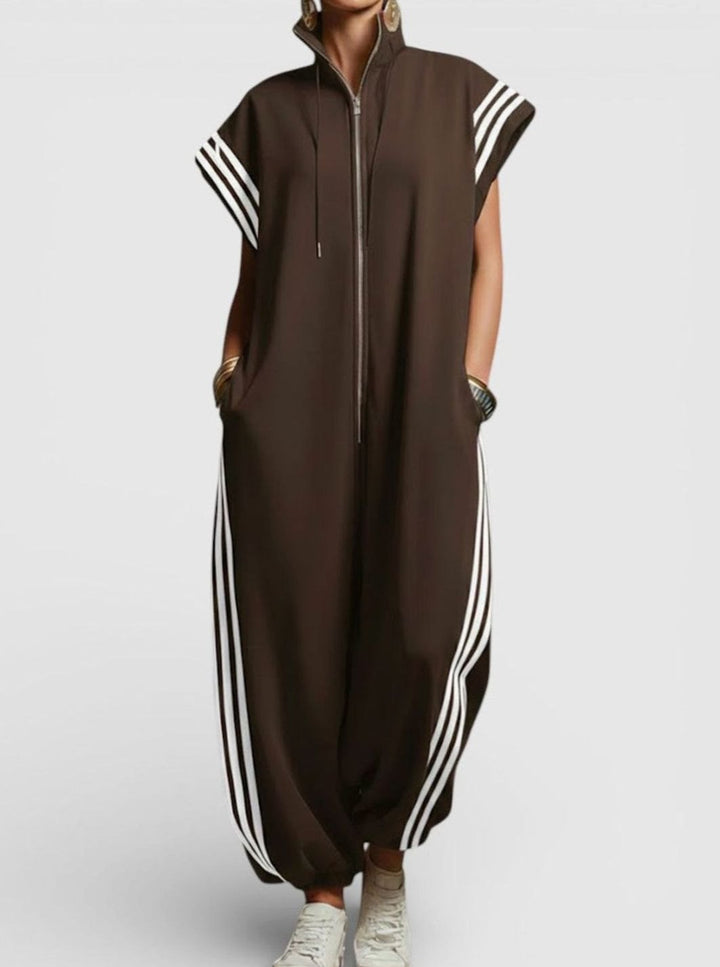 Women's Striped-Trim Zip-Neck Relaxed Maxi Jumpsuit - Brown