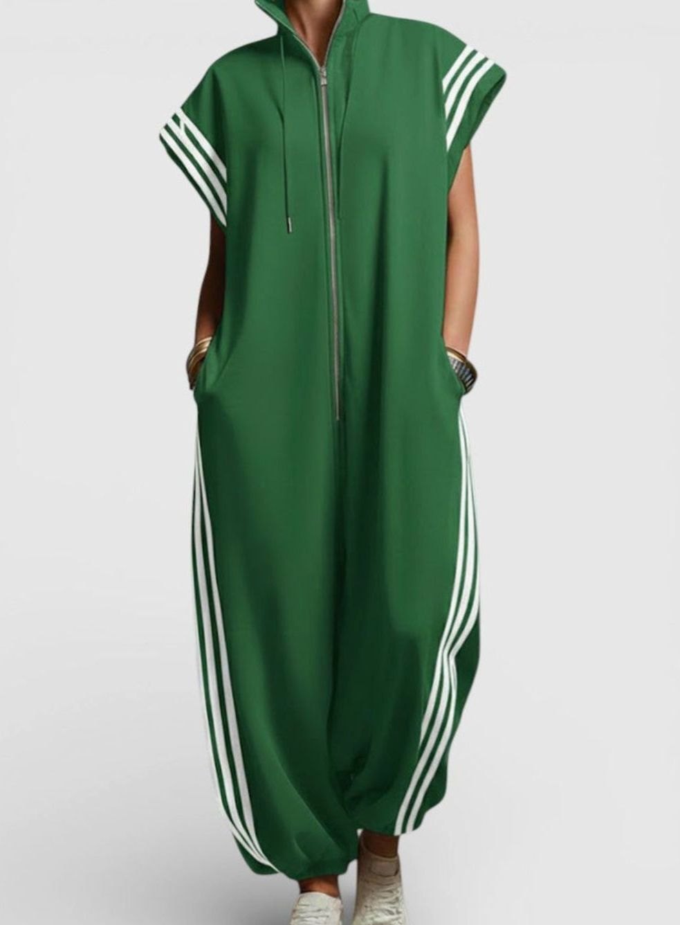 Women's Striped-Trim Zip-Neck Relaxed Maxi Jumpsuit - Green