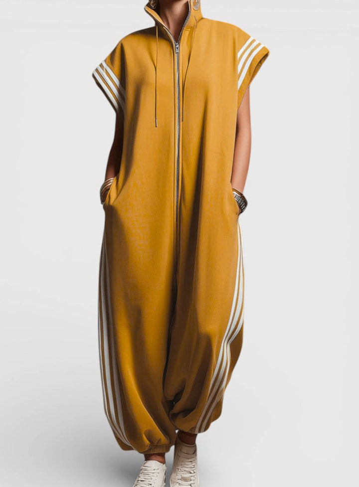 Women's Striped-Trim Zip-Neck Relaxed Maxi Jumpsuit - Yellow