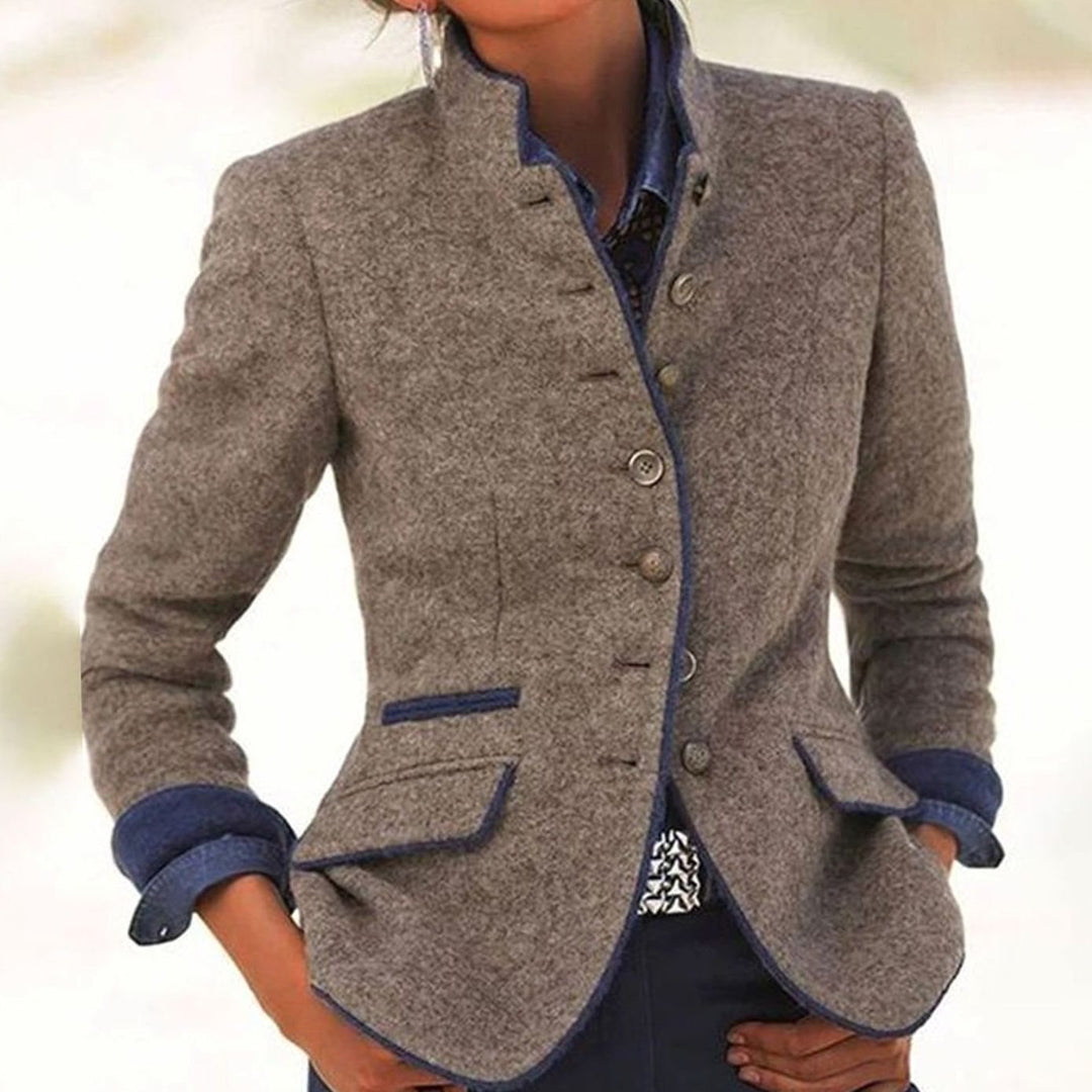 Women's Structured Button-Front Stand-Collar Wool Blazer