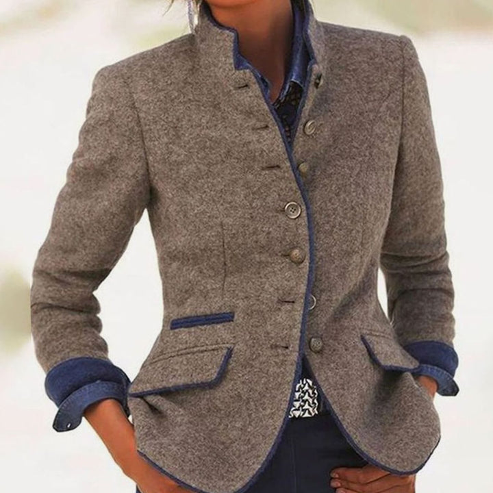 Women's Structured Button-Front Stand-Collar Wool Blazer - Brown