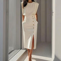 Sophia | Women's Structured Side-Button Slit Midi Dress