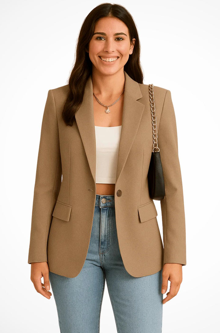 Women's Structured Single-Button Fitted Blazer - Khaki