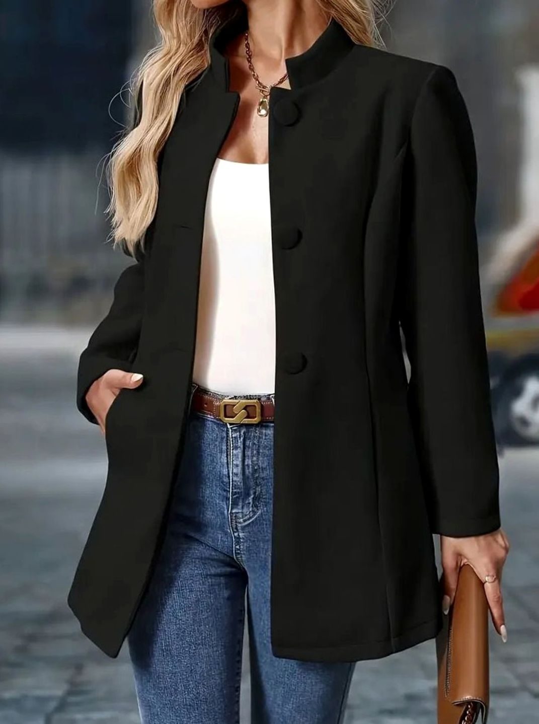 Women's Structured Stand-Collar Button-Front Blazer Coat