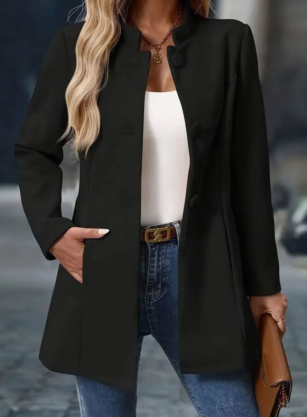 Women's Structured Stand-Collar Button-Front Blazer Coat - Black