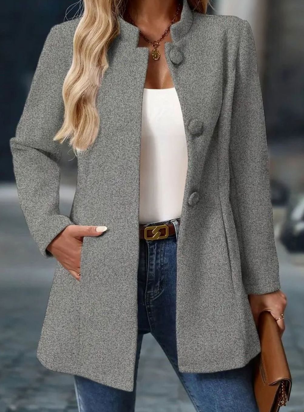 Women's Structured Stand-Collar Button-Front Blazer Coat - Gray