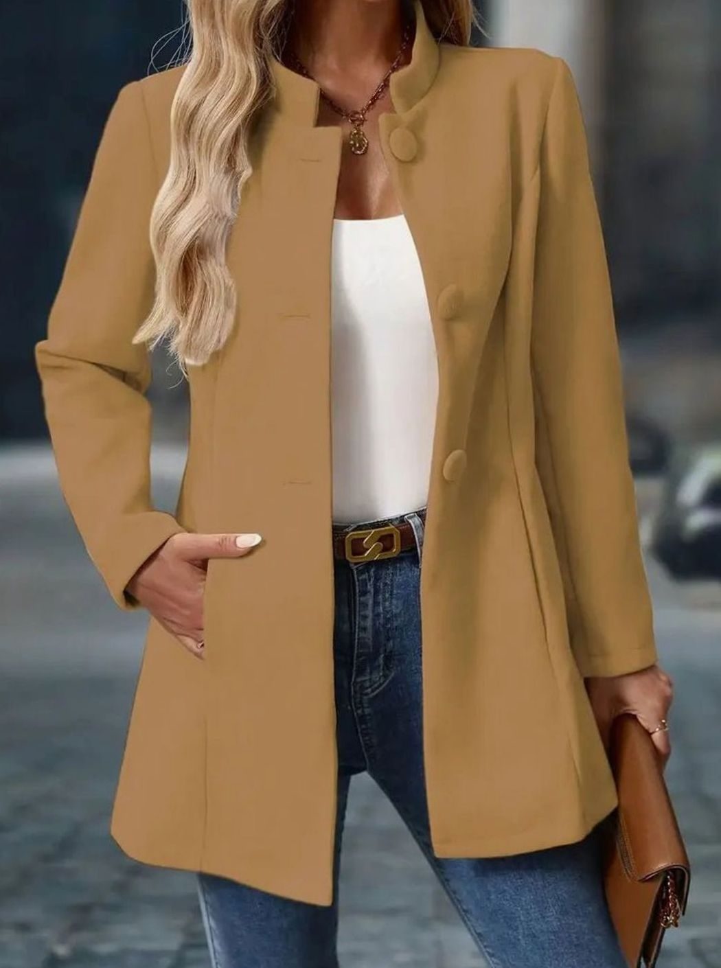Women's Structured Stand-Collar Button-Front Blazer Coat - Khaki