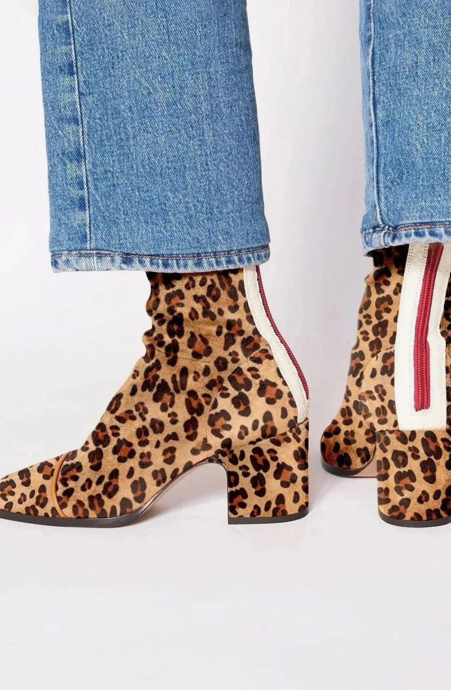 Women's Suede Block-Heel Leopard-Cap-Toe Ankle Boots - Leopard Print