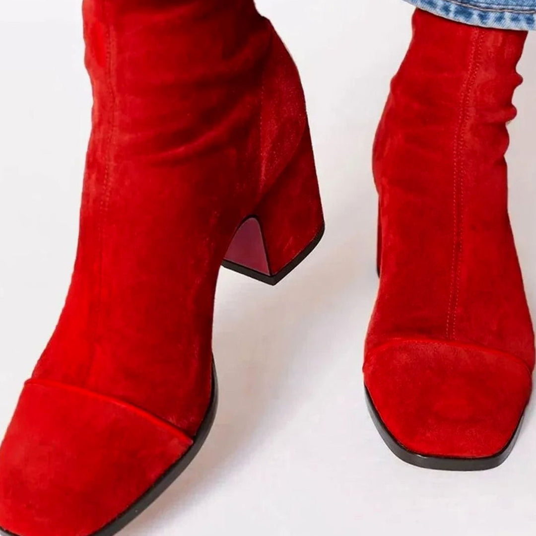 Women's Suede Block-Heel Leopard-Cap-Toe Ankle Boots - Red