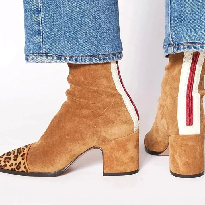 Women's Suede Block-Heel Leopard-Cap-Toe Ankle Boots - Brown