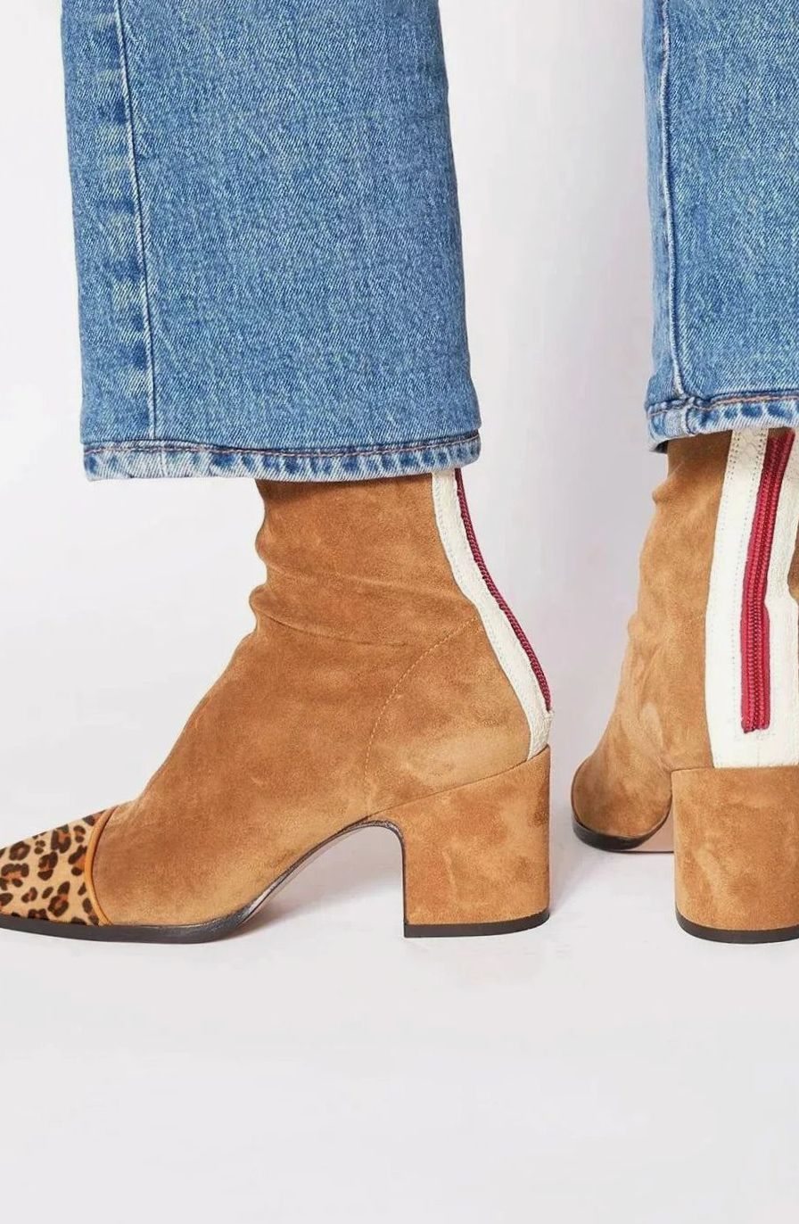Women's Suede Block-Heel Leopard-Cap-Toe Ankle Boots