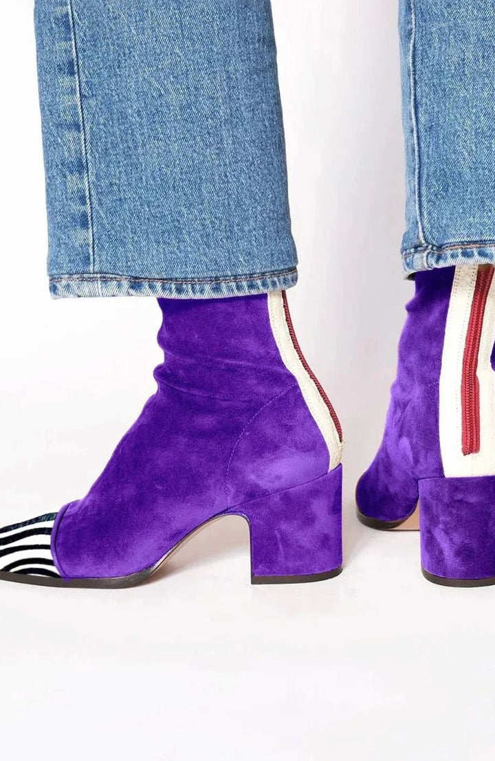 Women's Suede Block-Heel Leopard-Cap-Toe Ankle Boots - Purple