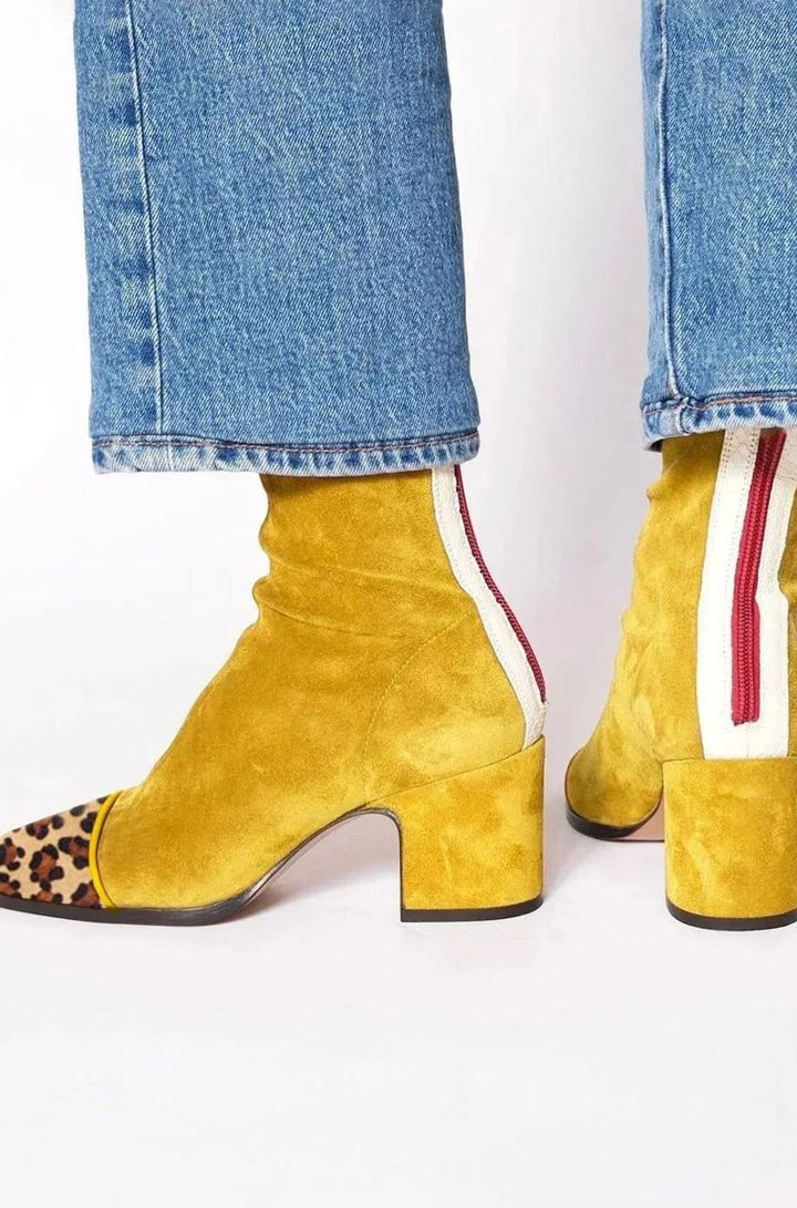 Women's Suede Block-Heel Leopard-Cap-Toe Ankle Boots