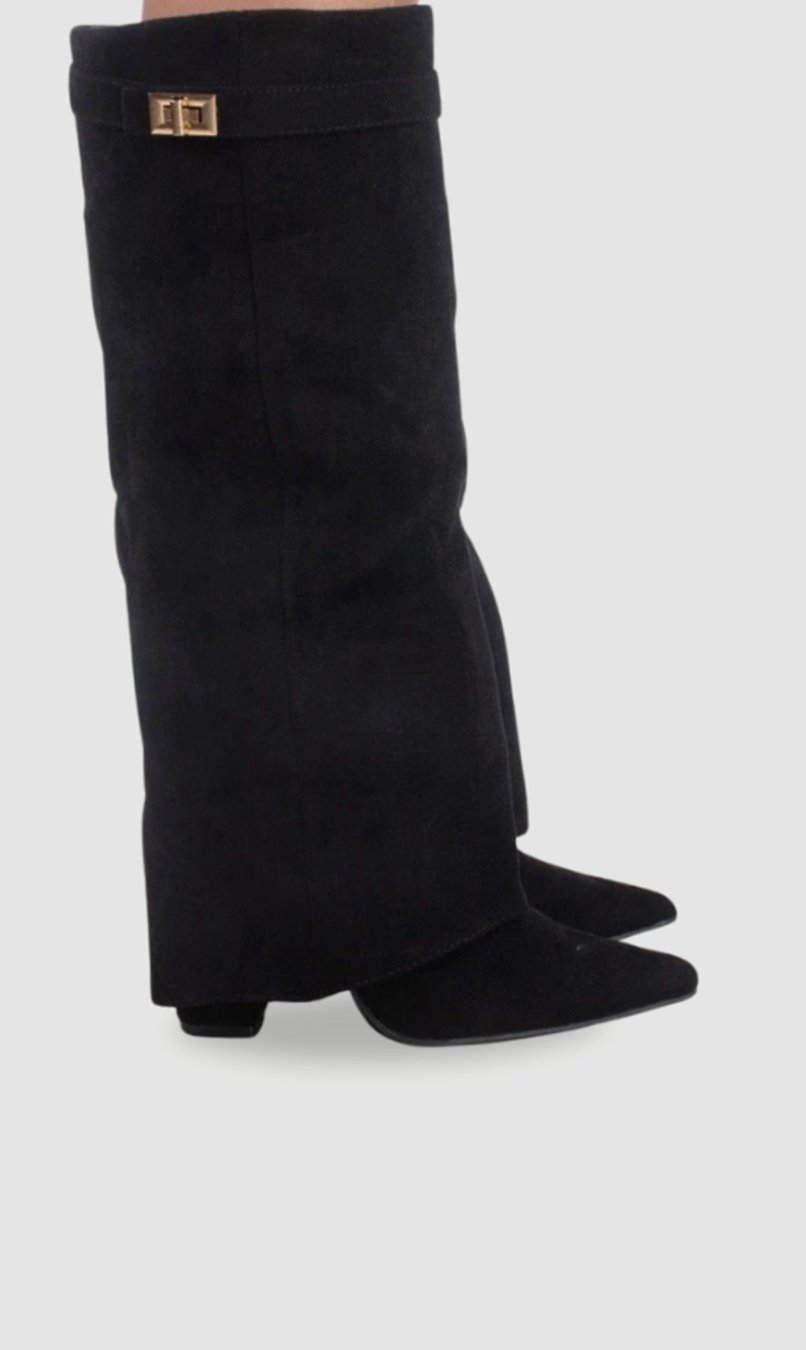 Women's Suede Fold-Over Knee High Boots Gold Clasp