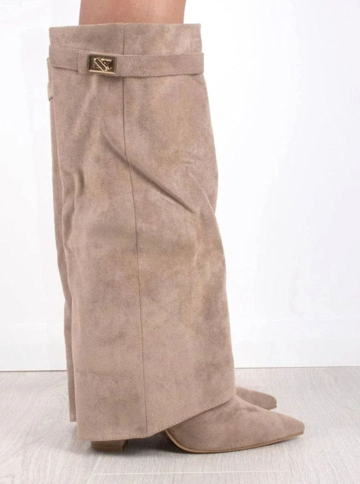 Women's Suede Fold-Over Knee High Boots Gold Clasp - Beige