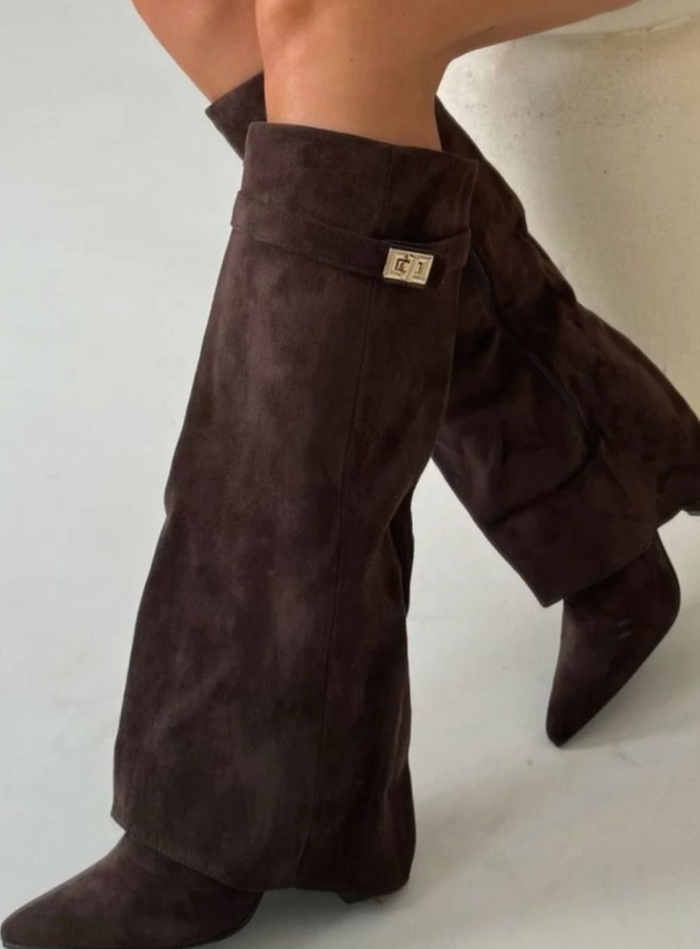 Women's Suede Fold-Over Knee High Boots Gold Clasp