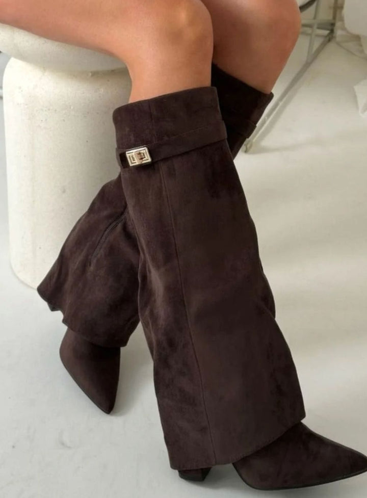 Women's Suede Fold-Over Knee High Boots Gold Clasp