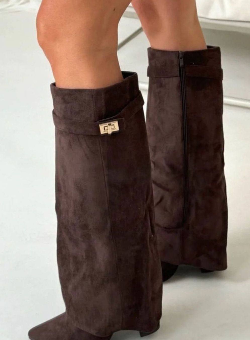 Women's Suede Fold-Over Knee High Boots Gold Clasp - Dark Brown