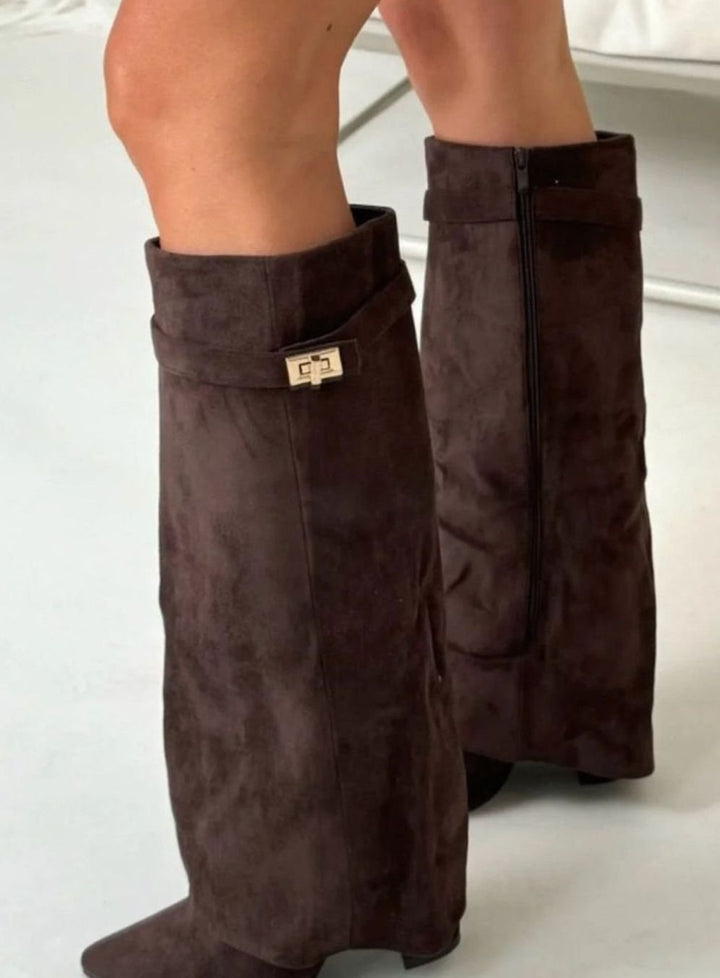 Women's Suede Fold-Over Knee High Boots Gold Clasp - Dark Brown