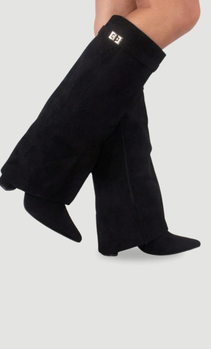 Women's Suede Fold-Over Knee High Boots Gold Clasp