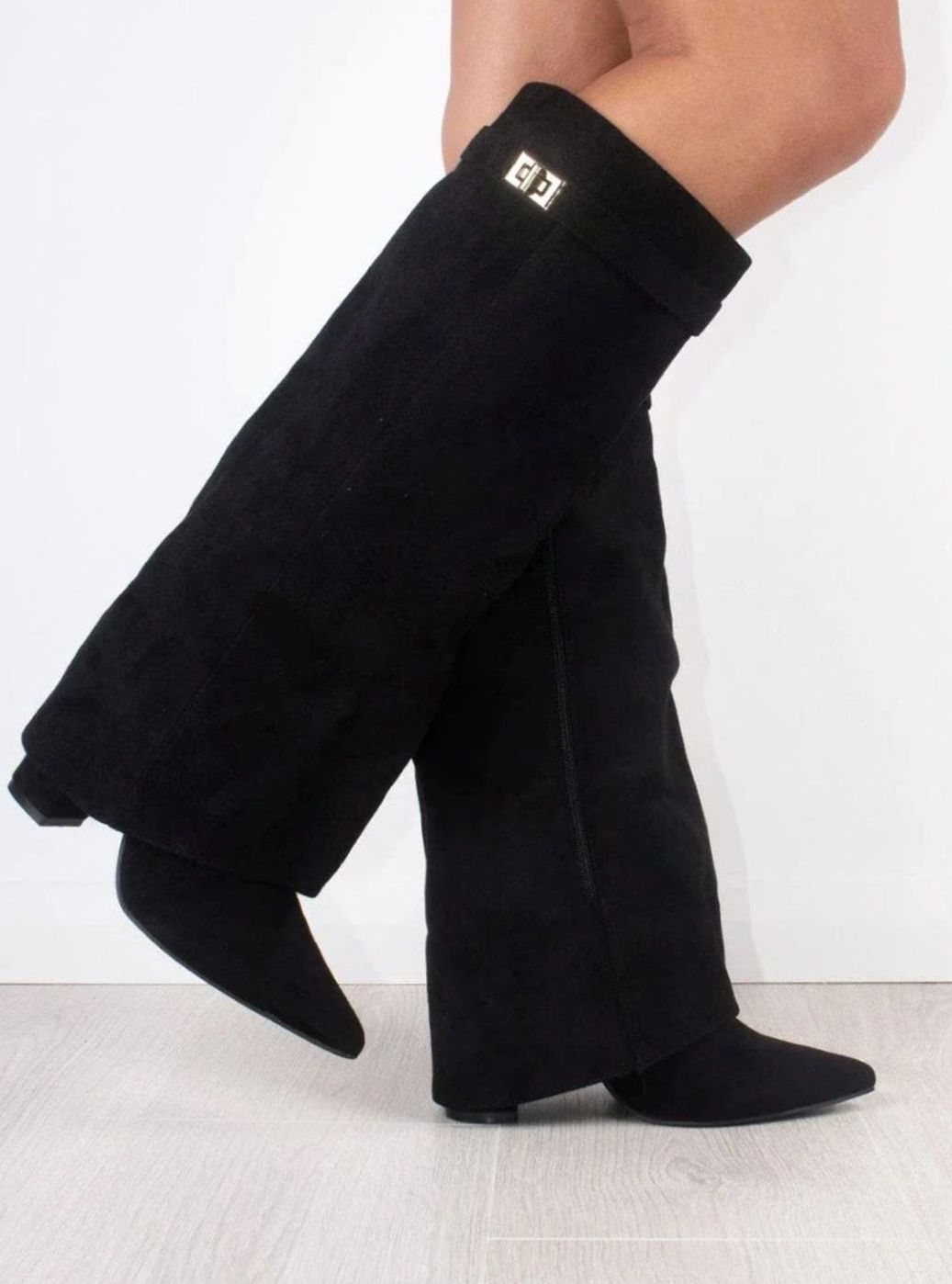 Women's Suede Fold-Over Knee High Boots Gold Clasp
