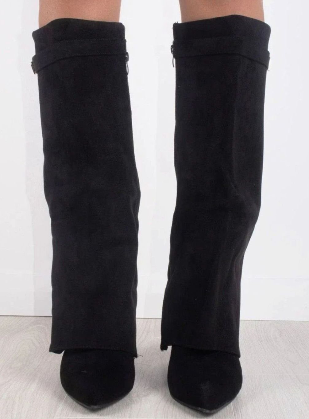 Women's Suede Fold-Over Knee High Boots Gold Clasp