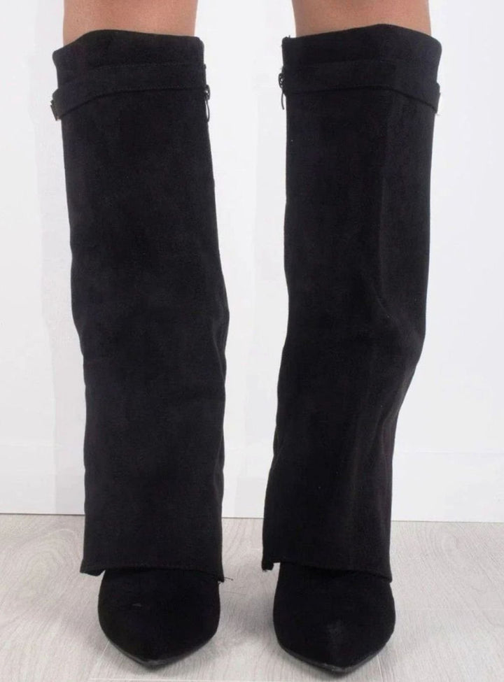 Women's Suede Fold-Over Knee High Boots Gold Clasp