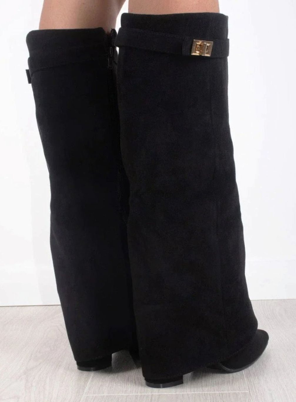 Women's Suede Fold-Over Knee High Boots Gold Clasp