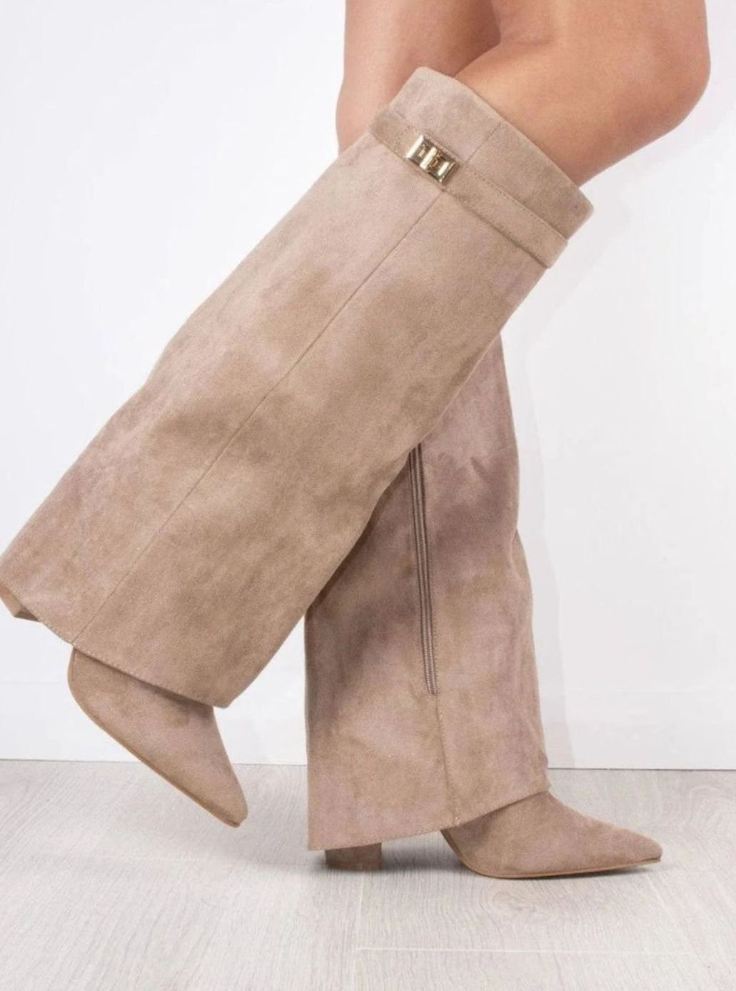 Women's Suede Fold-Over Knee High Boots Gold Clasp